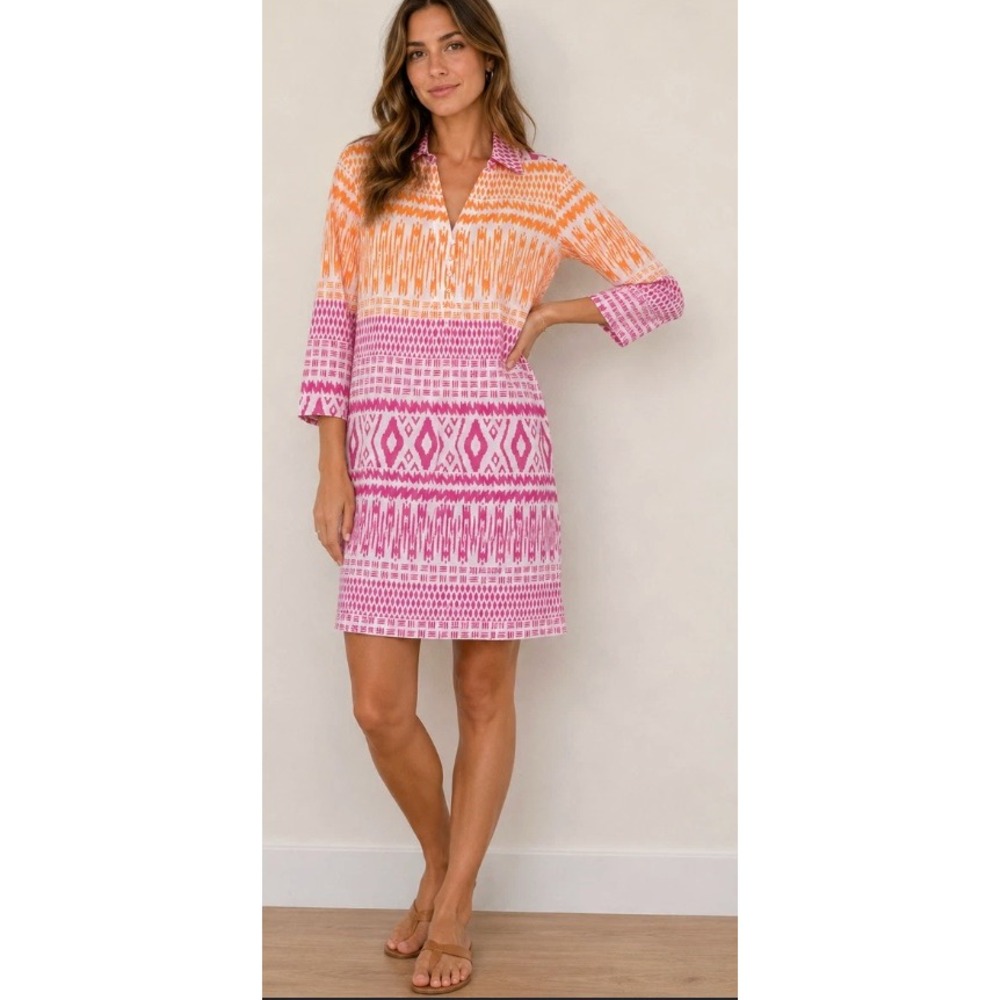 J.McLaughlin Pink Orange Ikat Caftan 3/4 Sleeve Cotton Tunic Dress Womens Sz‎ S